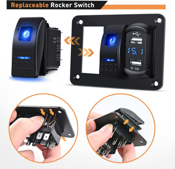 2 Gang Aluminum Rocker Switch Panel Blue with 4.8 Amp Dual USB Charger Voltmeter